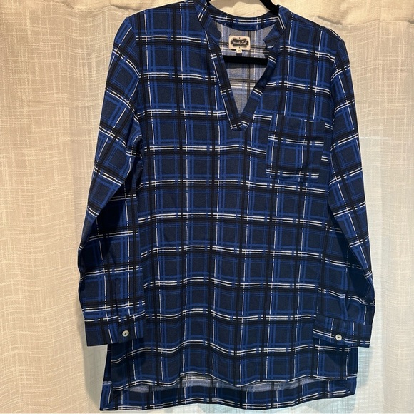 Mud Pie Women M Plaid Long Sleeve Tunic Top V Neck Blue Fall Winter Wear Causal - Picture 2 of 10
